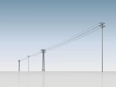 Industrial Electricity Pylons With Power Lines Against Blue Sky And Reflective Ground 3d model