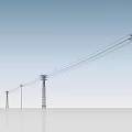 Industrial Electricity Pylons With Power Lines Against Blue Sky And Reflective Ground