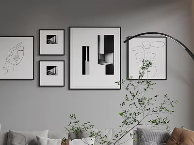 Modern Living Room Gray Wall with Black White Line Art Paintings and Green Plants 3d model
