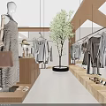 Modern Minimalist Clothing Store With Hanging Clothes Mannequins Handbags And Green Tree