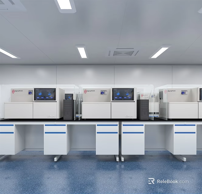 Modern Laboratory Interior With White Equipment Blue Line Workbenches And Instruments 3d model 