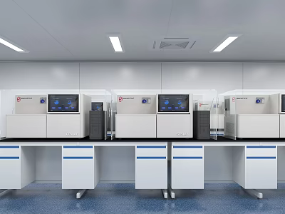 Modern Laboratory Interior With White Equipment Blue Line Workbenches And Instruments 3d model