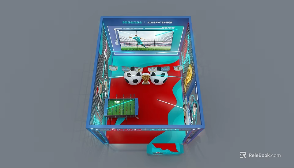 Soccer Themed Exhibition Booth With Soccer Balls And Football Field Displays 3d model 