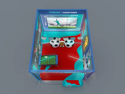Soccer Themed Exhibition Booth With Soccer Balls And Football Field Displays 3d model