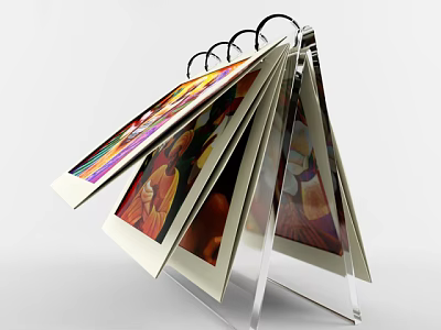Colorful Art Prints Displayed On Acrylic Stand In Fan Shape Arrangement 3d model