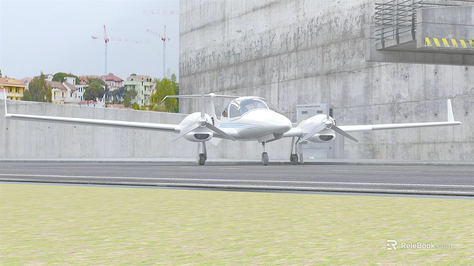 White Passenger Plane Parked on Runway Near Concrete Wall With Distant Buildings and Cranes 3d model 