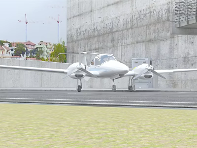 White Passenger Plane Parked on Runway Near Concrete Wall With Distant Buildings and Cranes 3d model
