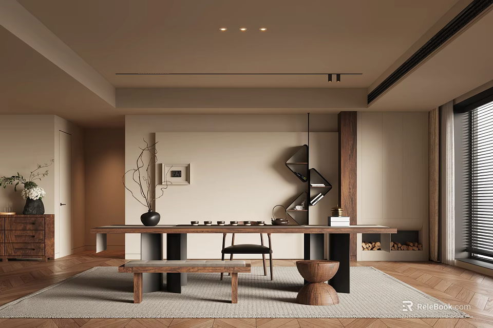 Modern Tea Room Interior With Long Wooden Table Chairs Bench Wall Art Fireplace And Rug 3d model 