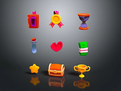 Colorful Decorative Ornament Set Featuring Various Shapes Such as Trophy Treasure Chest Heart and Star 3d model
