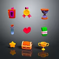Colorful Decorative Ornament Set Featuring Various Shapes Such as Trophy Treasure Chest Heart and Star