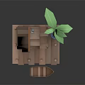 Wooden Cabin on Stilts with Brown Roof Blue Door Green Palm Tree and Boat