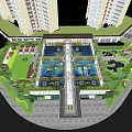 Elegant Garden Landscape With Symmetric Entrance Paved Courtyard And Tall Buildings