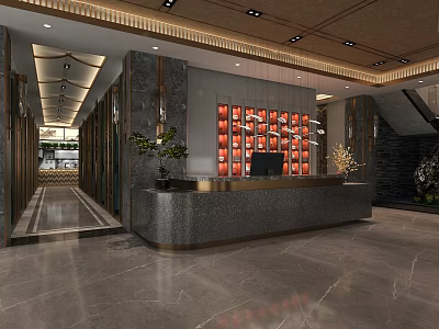 Luxurious Modern Restaurant Lobby With Reception Counter Wine Rack Marble Floor And Green Plants 3d model
