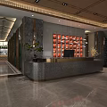 Luxurious Modern Restaurant Lobby With Reception Counter Wine Rack Marble Floor And Green Plants