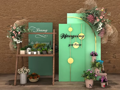 Floral Installation With Green Panels Potted Plants And Flower Displays 3d model