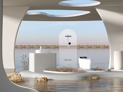 Modern White Toilet In Open Space With Water View Reeds And Skylight 3d model