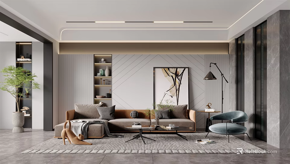 Modern Living Room Interior With Beige Sofa Coffee Table And Decorative Artwork 3d model