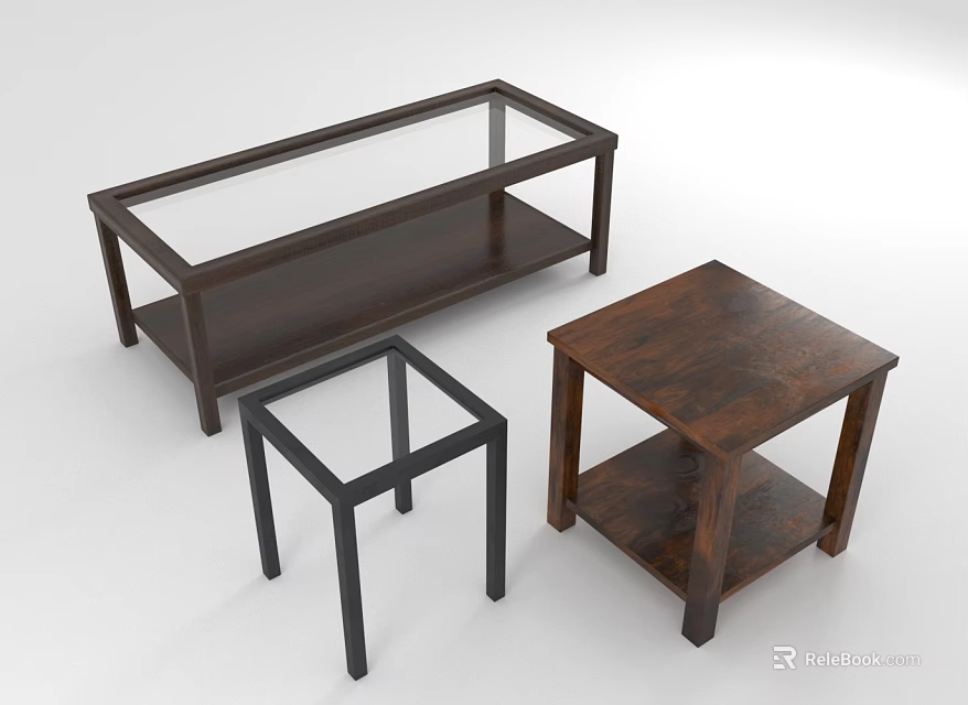 Dark Wooden Coffee Table and Black Metal Frame Side Tables with Glass Top 3d model 