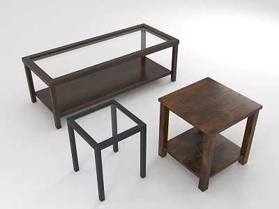 Dark Wooden Coffee Table and Black Metal Frame Side Tables with Glass Top 3d model