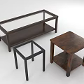 Dark Wooden Coffee Table and Black Metal Frame Side Tables with Glass Top