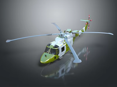 Green And White Helicopter 3D Model With Rotor Blades On Gray Background With Reflection 3d model