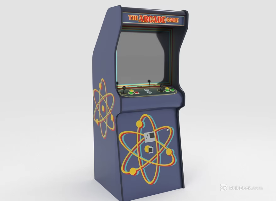Blue Arcade Machine Featuring Orange Atomic Symbols Design Screen and Control Buttons Entertainment Appliance 3d model 