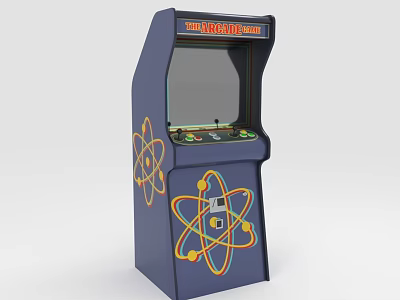 Blue Arcade Machine Featuring Orange Atomic Symbols Design Screen and Control Buttons Entertainment Appliance 3d model