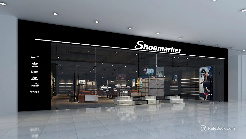 Modern Snoemaker Shoe Store Counter In Mall With Glass Frontage And Displayed Shoes 3d model 