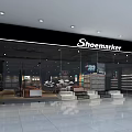 Modern Snoemaker Shoe Store Counter In Mall With Glass Frontage And Displayed Shoes