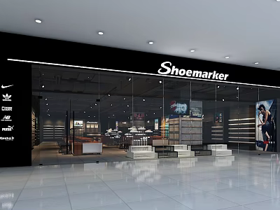 Modern Snoemaker Shoe Store Counter In Mall With Glass Frontage And Displayed Shoes 3d model