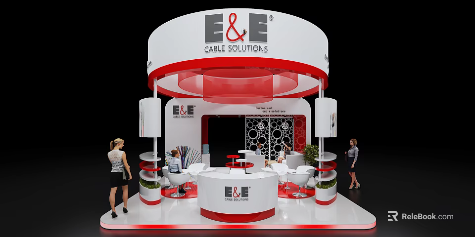 E&E Cable Solutions Circular White And Red Exhibition Booth With Display Counters And People Around 3d model