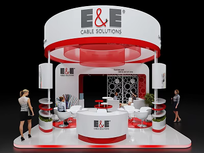 E&E Cable Solutions Circular White And Red Exhibition Booth With Display Counters And People Around 3d model
