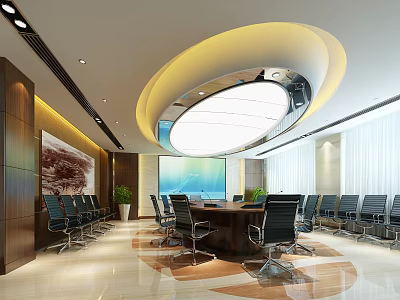 Modern Conference Room Interior With Circular Table Black Chairs And Ceiling Light 3d model