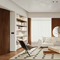 Modern Living Room Interior With White Sofa Wooden Bookshelf Round Mirror And Black White Rug