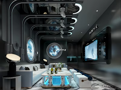Modern Luxurious KTV Interior With Sofa Round Windows Large Screen Blue Lighting And Coffee Table 3d model