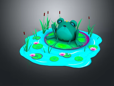 Green Frog on Lily Pad with Lotus Flowers and Aquatic Plants in Water Area 3d model