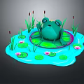 Green Frog on Lily Pad with Lotus Flowers and Aquatic Plants in Water Area