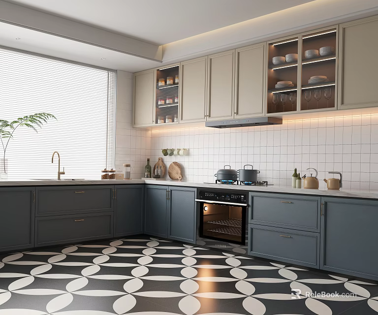 Modern Gray Kitchen Interior With White Tiled Backsplash Marble Countertop And Geometric Floor 3d model 