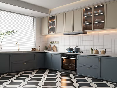 Modern Gray Kitchen Interior With White Tiled Backsplash Marble Countertop And Geometric Floor 3d model