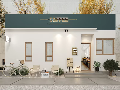 Charming Coffee Shop Exterior With Green Roof White Walls Bicycle Chairs Small Tables And Plants 3d model