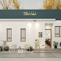 Charming Coffee Shop Exterior With Green Roof White Walls Bicycle Chairs Small Tables And Plants
