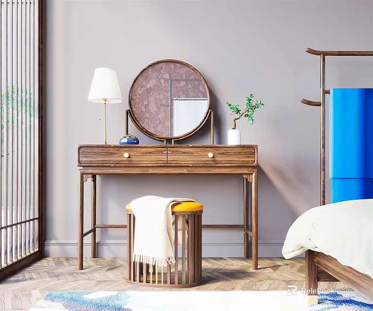 Wooden Dressing Table With Round Mirror Table Lamp And Stool With Blanket 3d model