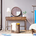 Wooden Dressing Table With Round Mirror Table Lamp And Stool With Blanket 3d model