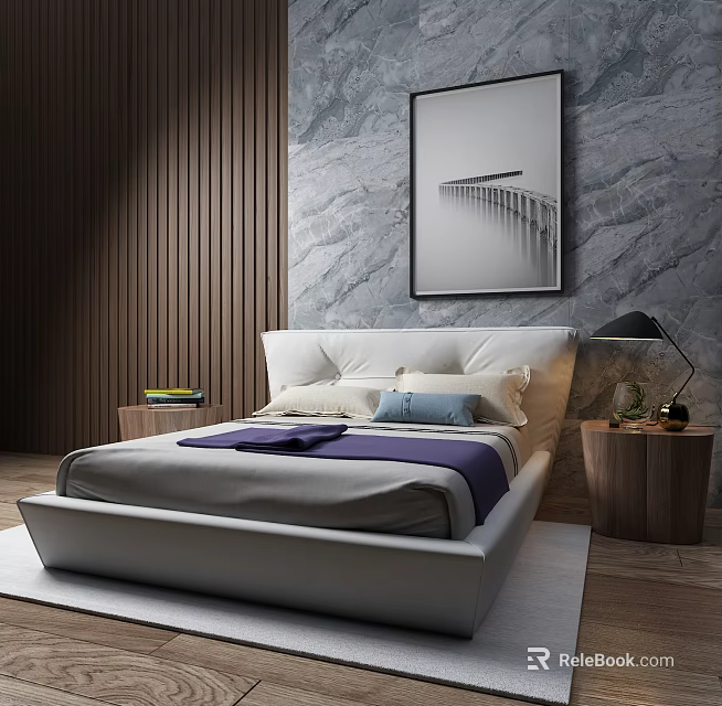 Modern Double Bed With Purple Blanket Blue Pillow Stone Wall Wooden Panels Nightstand Lamp Artwork 3d model 