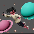 Boy Wearing VR Headset Holding Game Controller Floating Among Colorful Planets And Stars