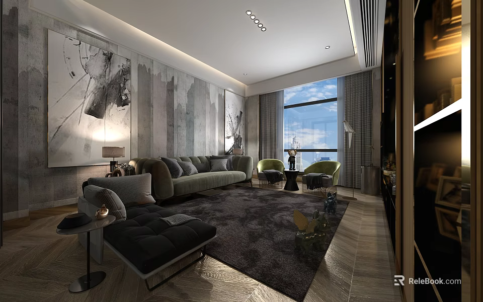 Modern Luxury Living Room With Cozy Sofas Abstract Wall Art And Large Floor Window View 3d model 