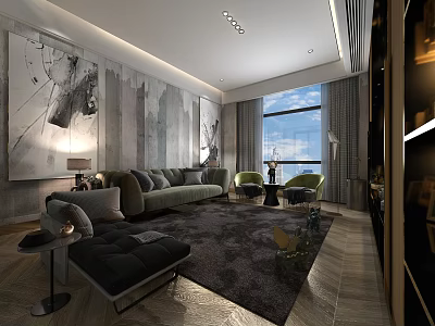 Modern Luxury Living Room With Cozy Sofas Abstract Wall Art And Large Floor Window View 3d model