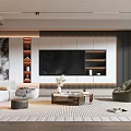 Modern Living Room Interior With TV Wall Sofa Striped Rug Coffee Table And Decorative Shelves
