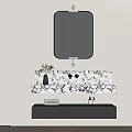 Modern Bathroom Vanity with Marble Floral Countertop Black Framed Mirror Warm Lighting and Pink Flowers
