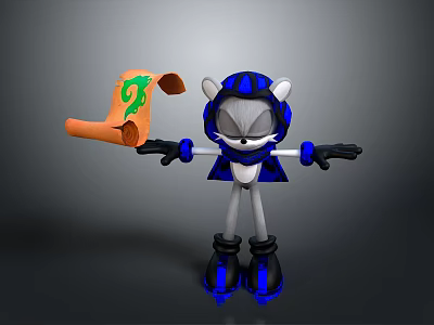 Hedgehog in Blue and Black Armor With Helmet Holding Orange Scroll And Green Question Mark 3d model